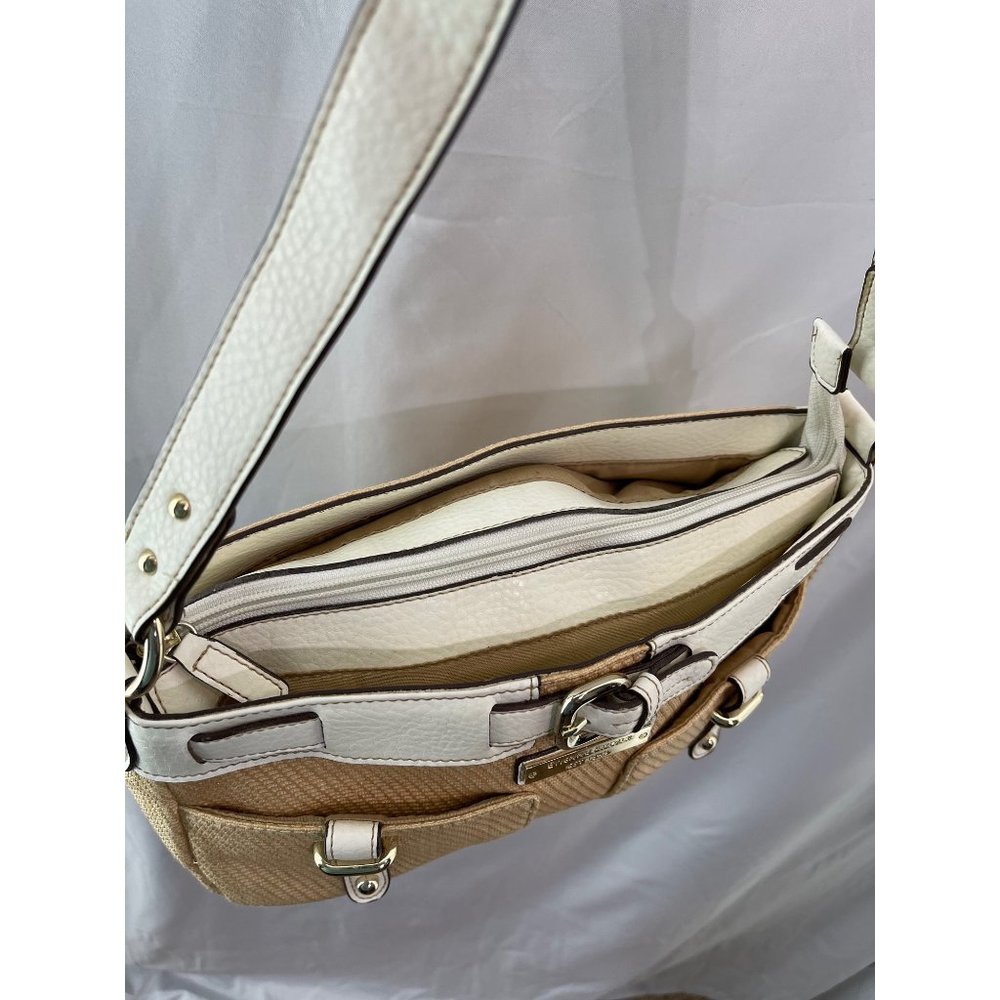 Etienne Aigner White Trimmed Tan Textured Purse - Picture 4 of 12